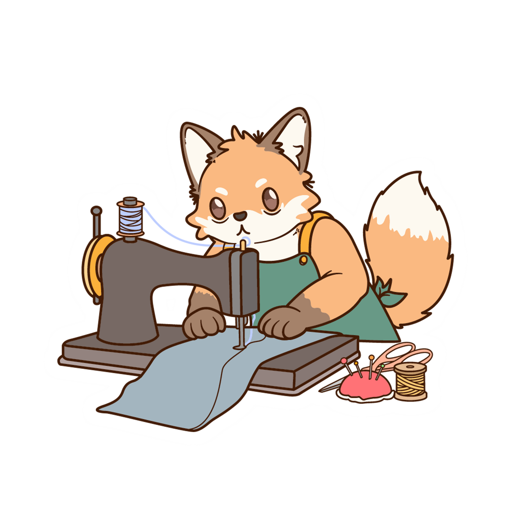 Cartoon fox character sewing on a machine with a white background