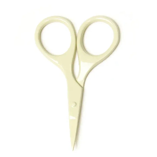 Pair of beige scissors on a white background