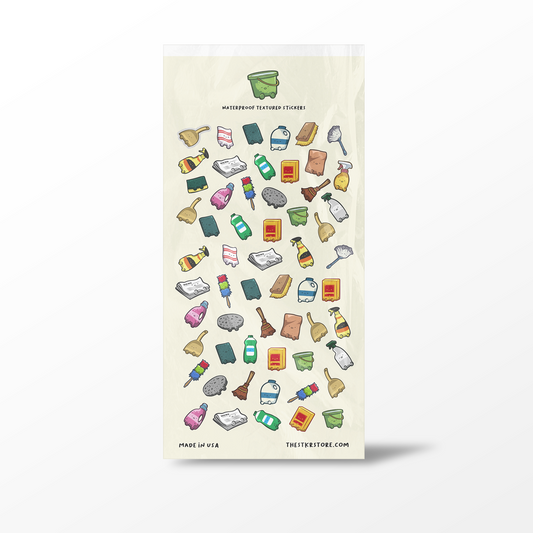 Sheet of waterproof textured stickers with various icons on a beige background