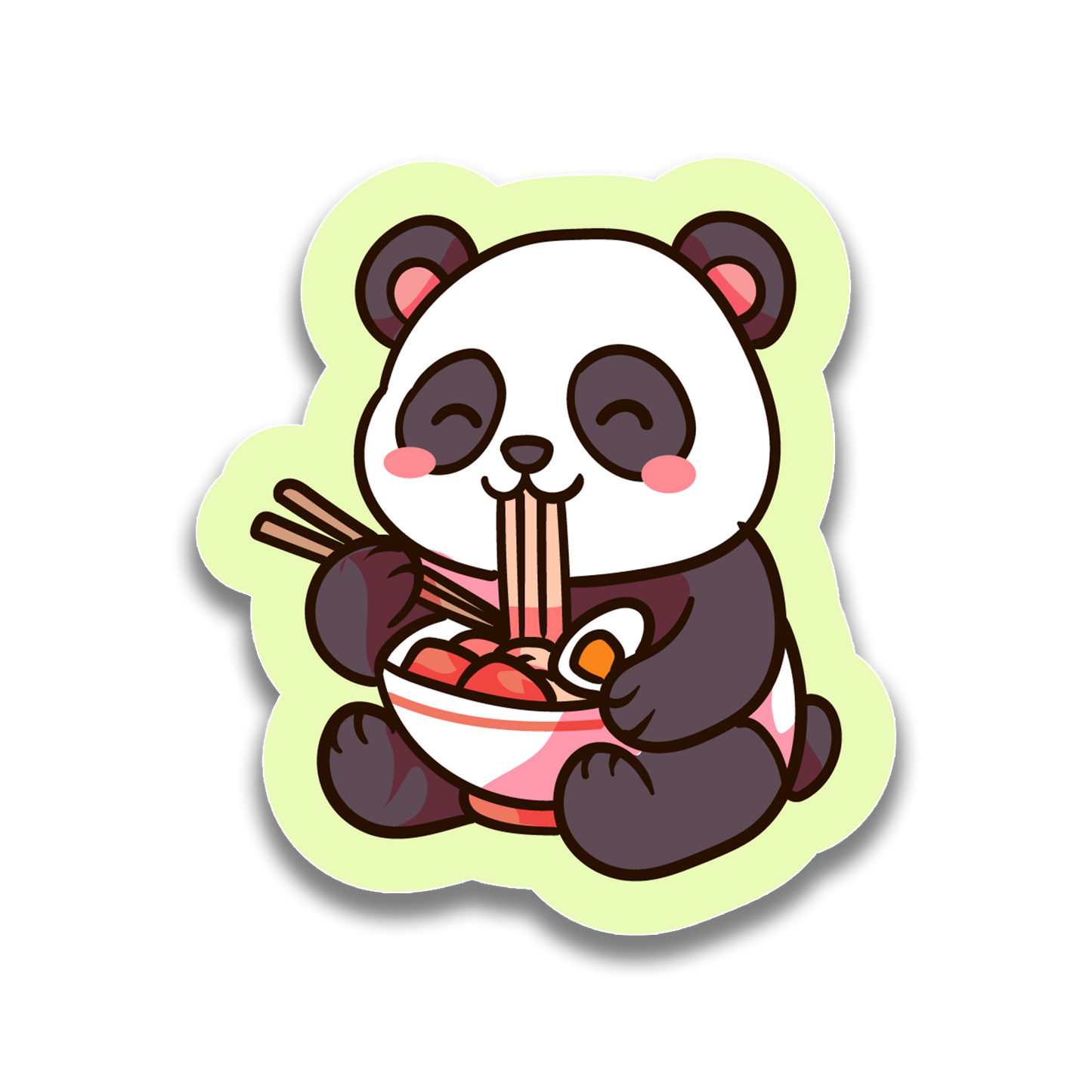Sticker of a cute panda eating ramen with a green border on a white background