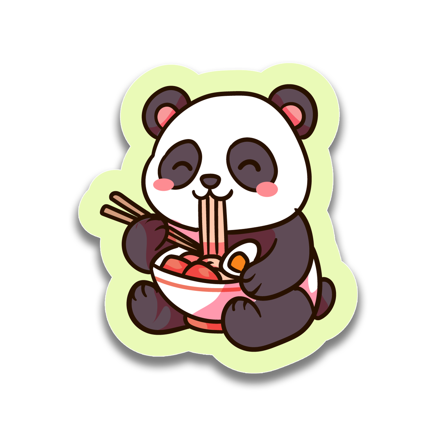 Sticker of a cute panda eating ramen with a green border on a white background