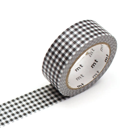 Black and white checkered tape with 'mt' branding on a white background
