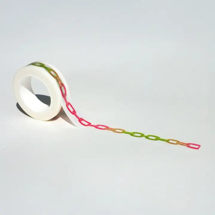 Roll of white tape with a colorful chain-like extension on a light gray background