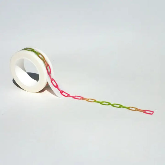 Roll of white tape with a colorful chain-like extension on a light gray background