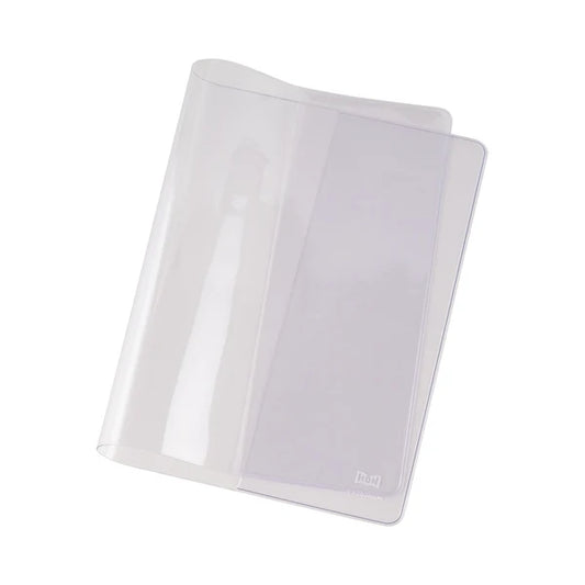 A clear plastic protective cover or sleeve with rounded corners, shown partially open on a plain white background.
