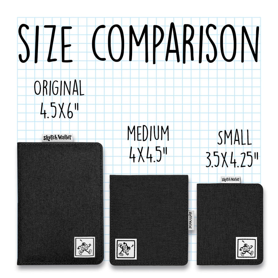 Size comparison chart of black sketch wallets on a grid background