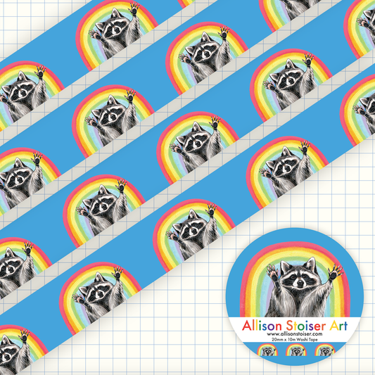 Pattern of raccoons with rainbow backgrounds on a blue background, with 'Allison Stoiser Art' branding.
