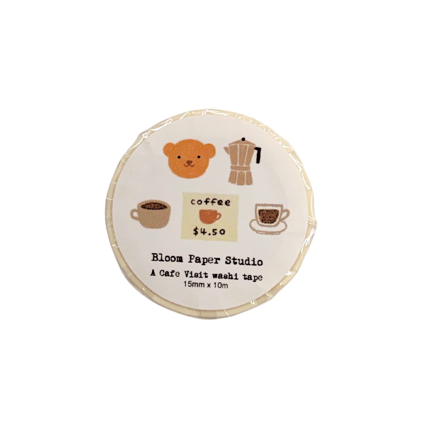 Round washi tape with coffee-themed illustrations and text on a white background