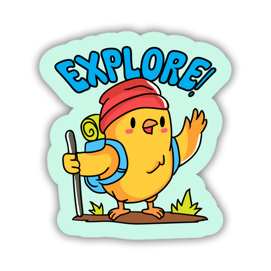 Cartoon character with a red beanie and backpack holding a hiking pole, with 'EXPLORE!' text above on a light blue background.