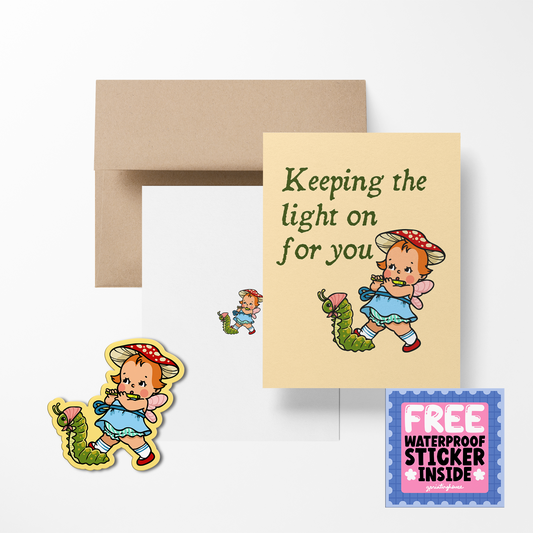 Greeting card with vintage-style illustration of a fairy and envelope on a white background