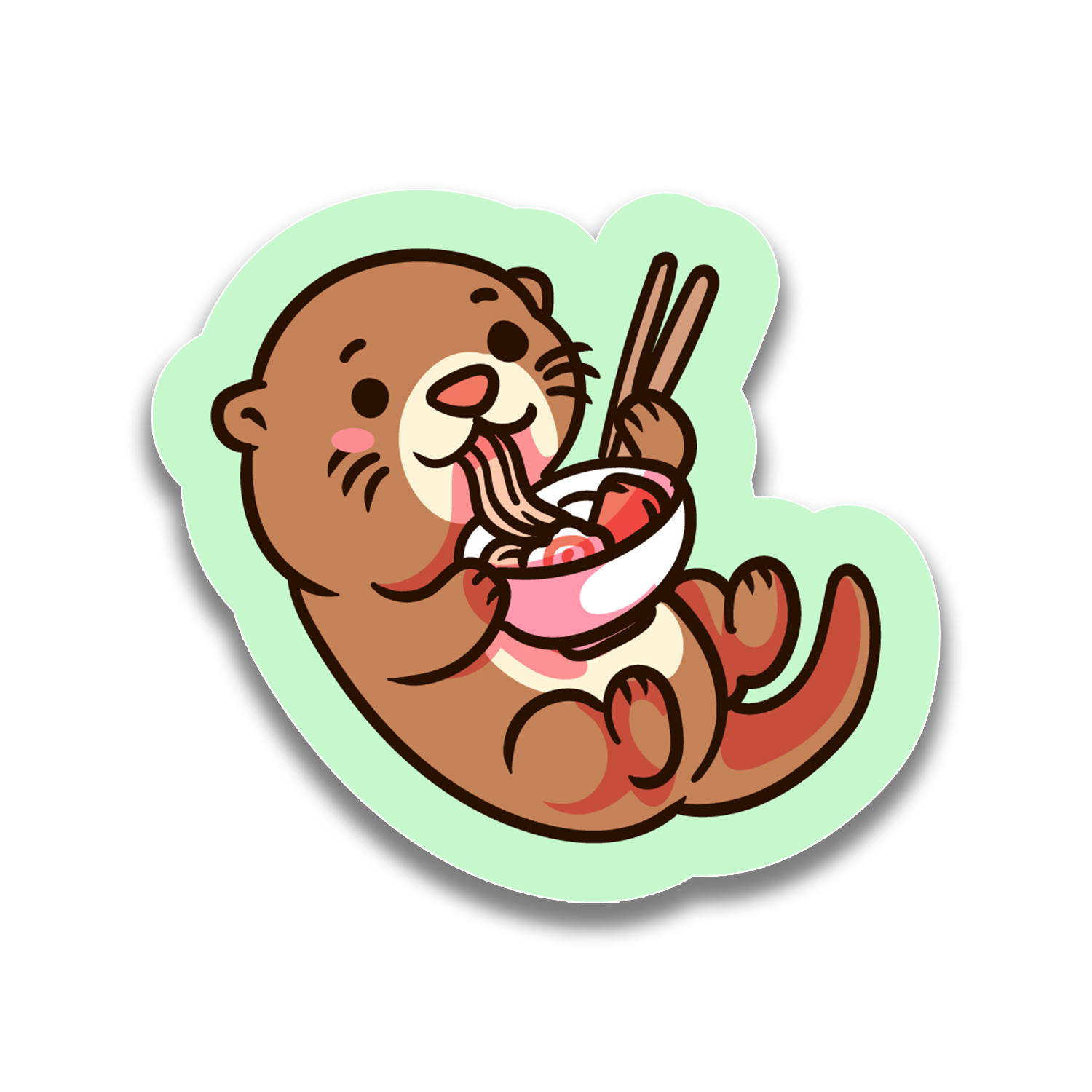Cartoon otter eating a bowl of ramen with chopsticks on a light green background