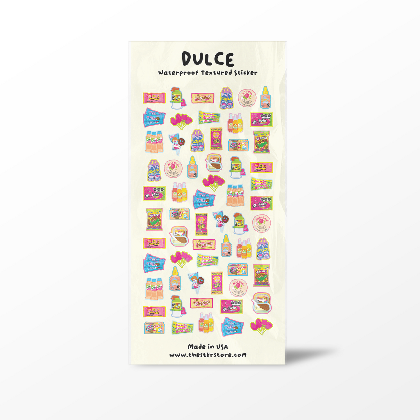 Sheet of colorful stickers with 'Dulce' branding on a white background