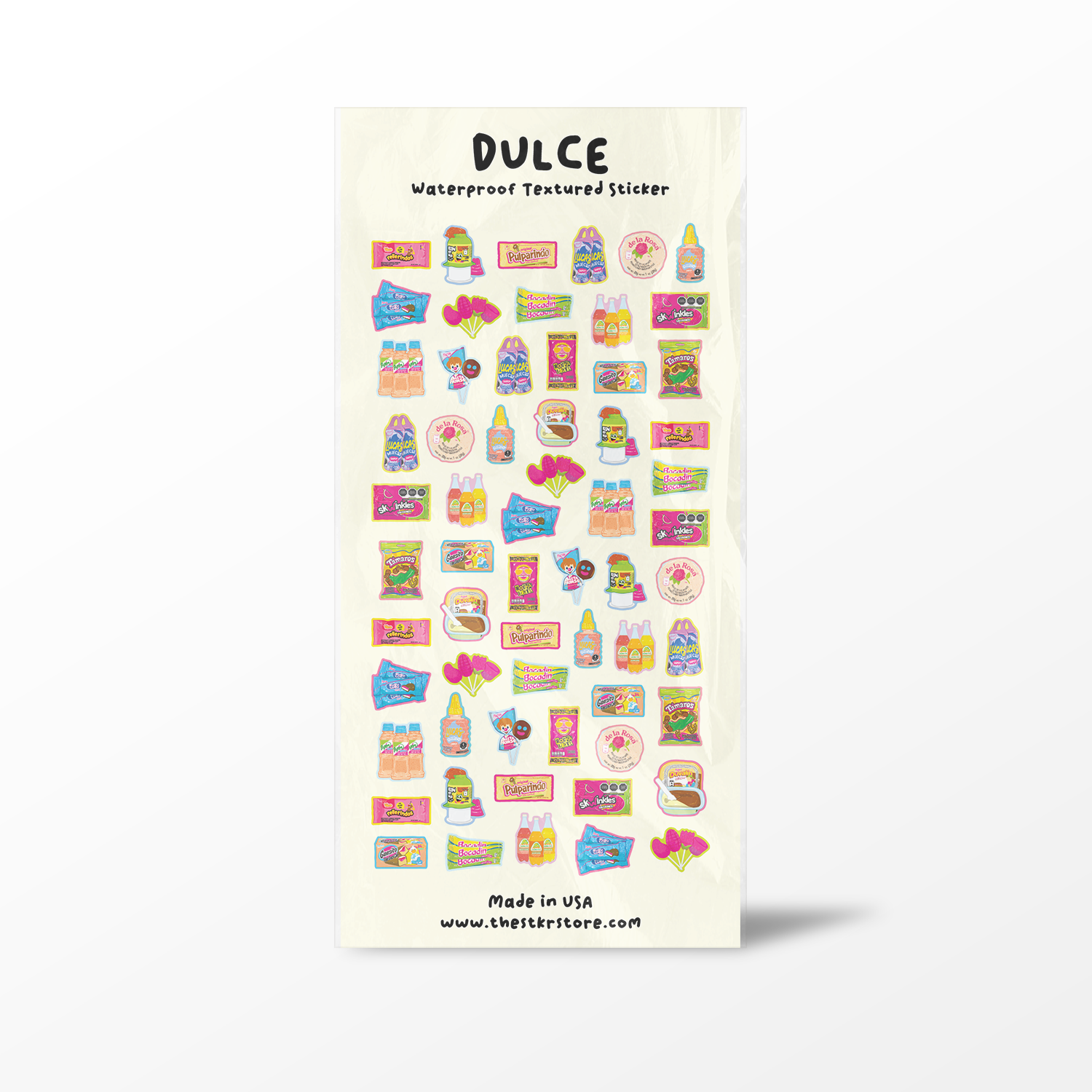 Sheet of colorful stickers with 'Dulce' branding on a white background