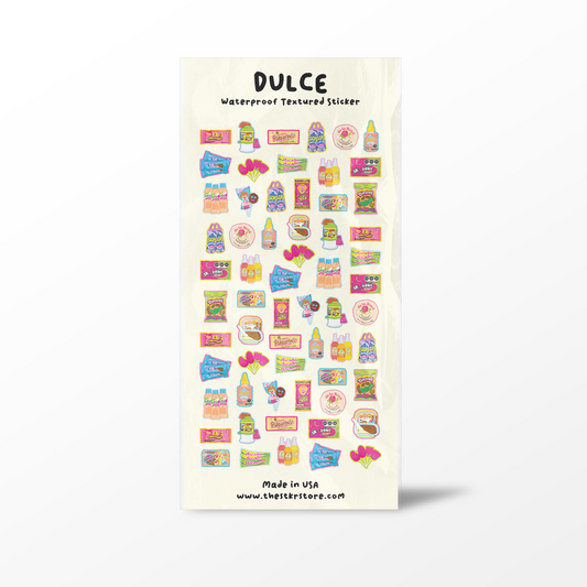 Sheet of colorful stickers with 'Dulce' branding on a white background