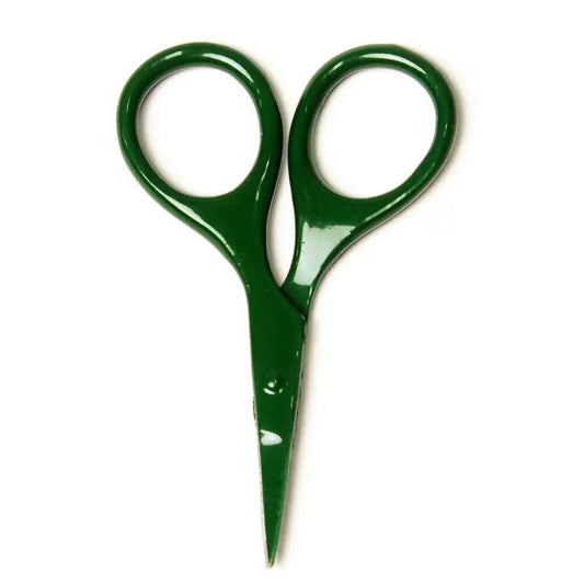 Green scissors on a white background