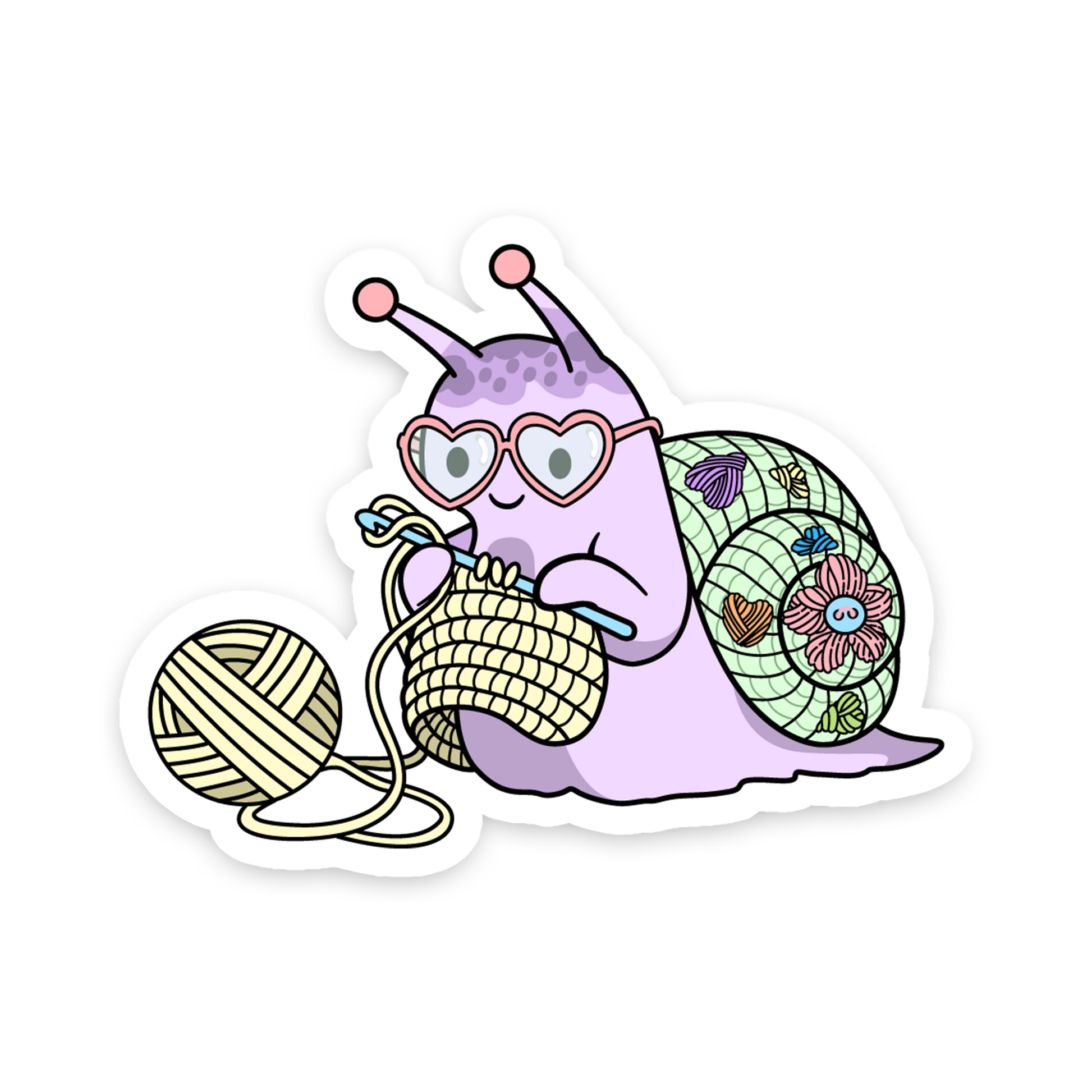 Colorful snail character with yarn and knitting needles on a white background