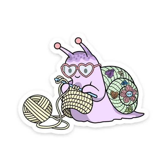 Colorful snail character with yarn and knitting needles on a white background