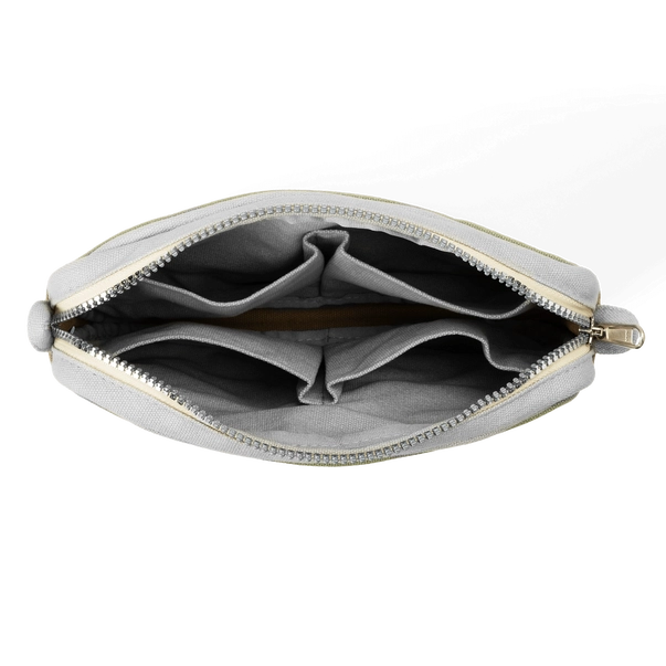 Gray pouch with gold zipper on a white background