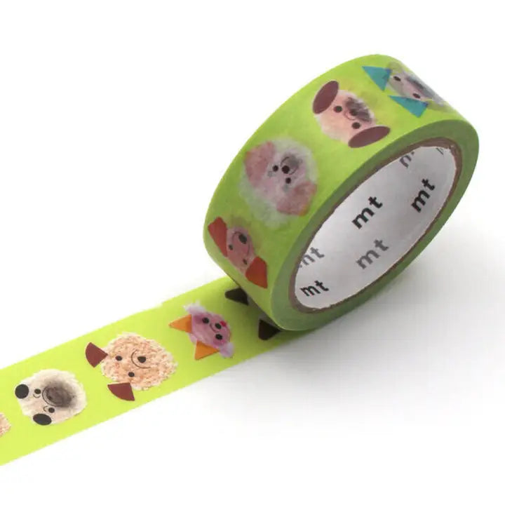 Green washi tape with animal designs on a white background