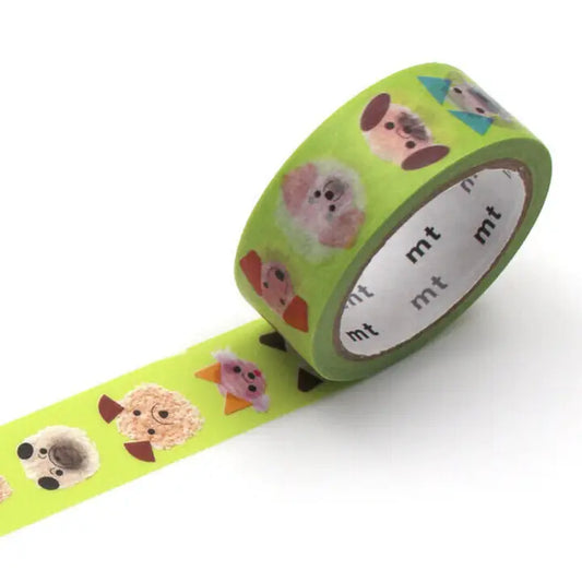 Green washi tape with animal designs on a white background