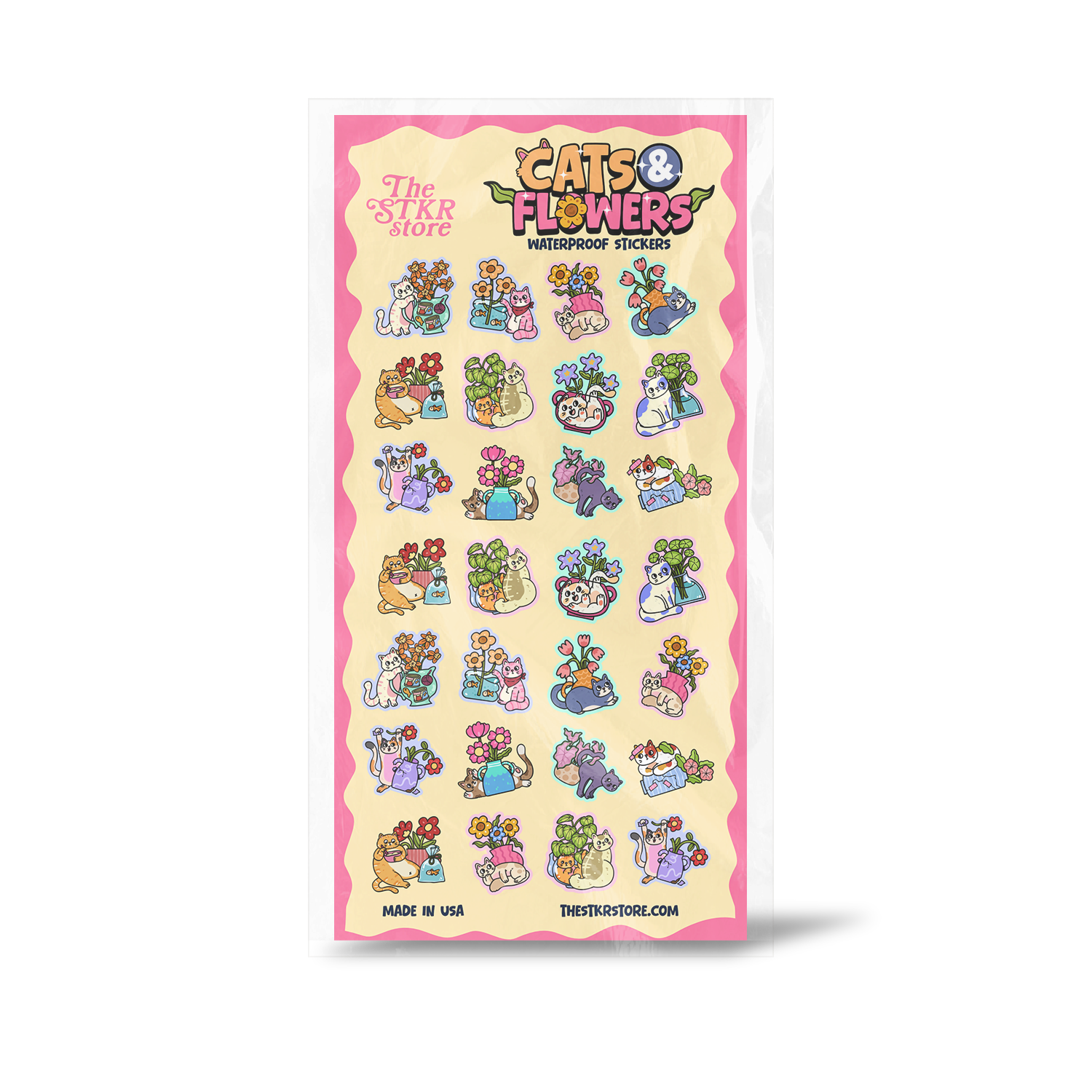 A package of 'Cats Flowers Needlepoint Stickers' by 'The Star Store' on a clean white background. The sticker sheet features a pink border and a cream center, decorated with numerous colorful cartoon cats and flowers in various poses.