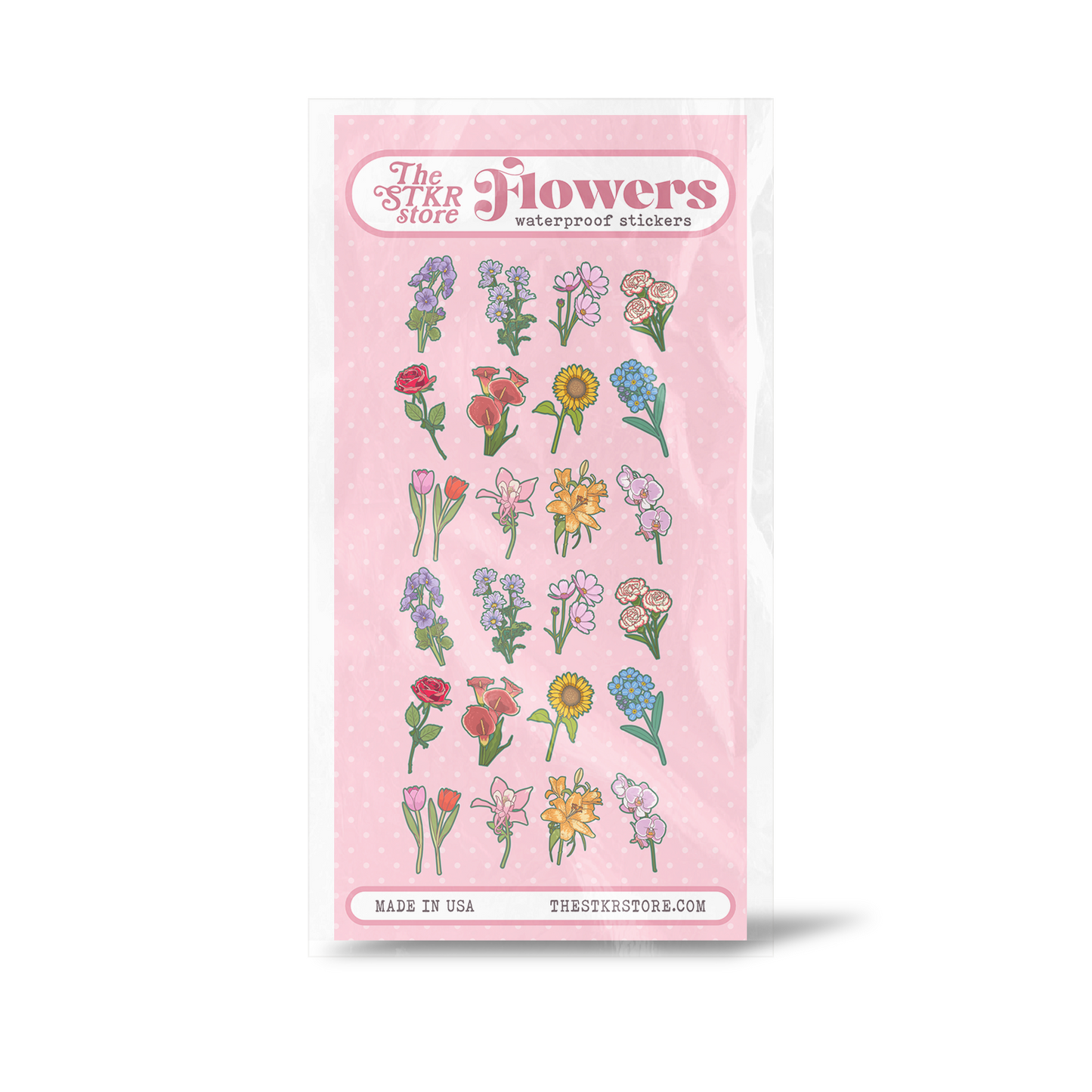 A package of waterproof flower stickers from The Sticker Store, featuring various colorful illustrated flowers on a pink backing card.
