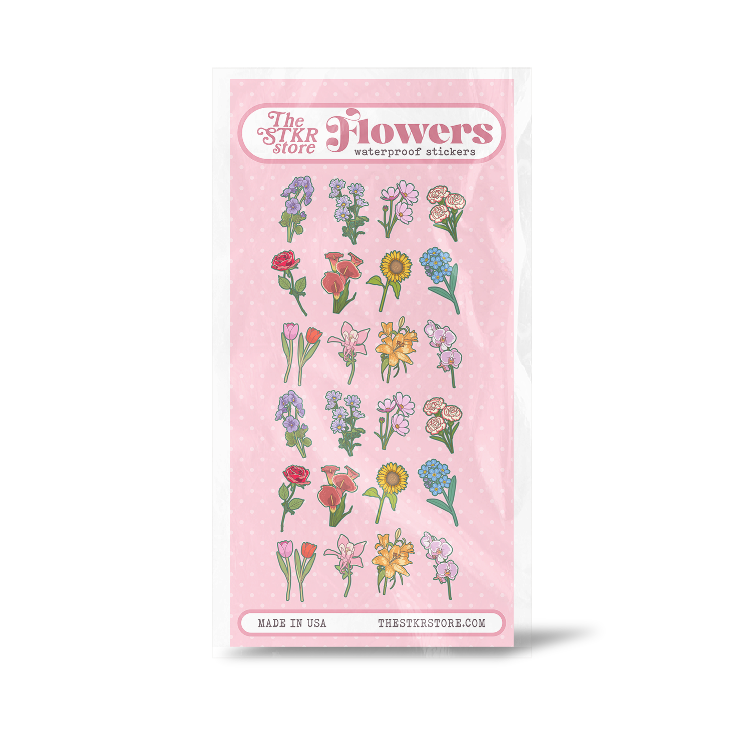 A package of waterproof flower stickers from The Sticker Store, featuring various colorful illustrated flowers on a pink backing card.