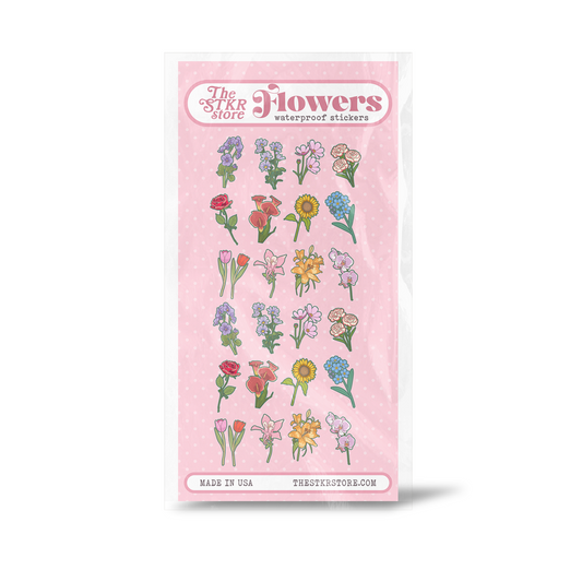 A package of waterproof flower stickers from The Sticker Store, featuring various colorful illustrated flowers on a pink backing card.