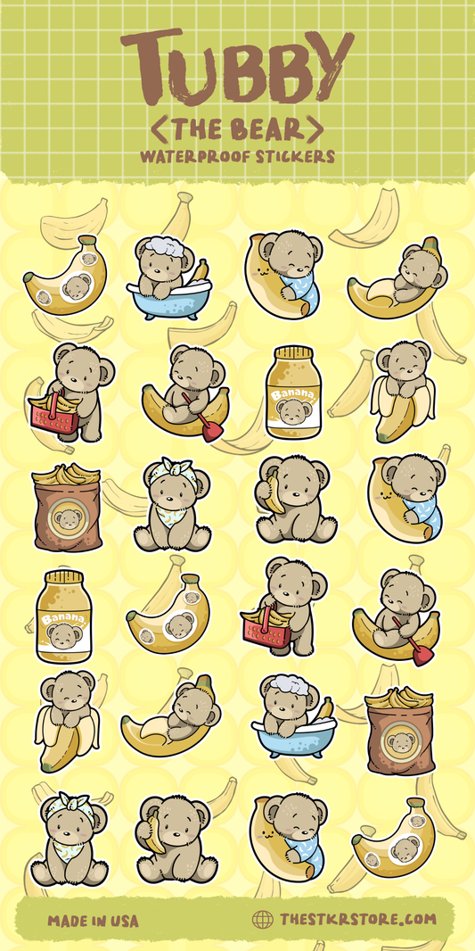 Tubby the Bear waterproof stickers with bananas and honey on a yellow background