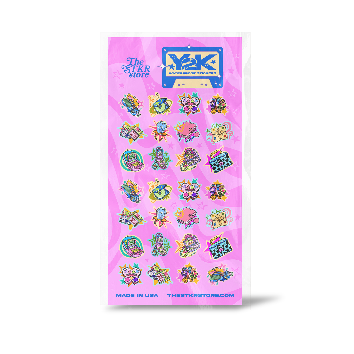 A sheet of colorful stickers in clear plastic packaging with a bright pink backing card. The stickers feature retro gaming and sci-fi motifs, including a cassette tape, video game controller, robot, alien, and space-themed icons.