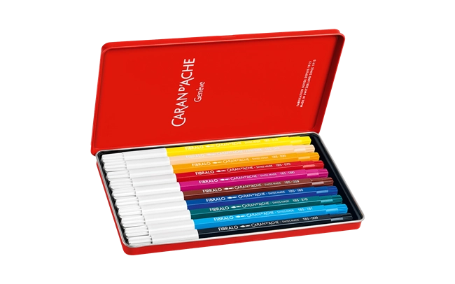 Set of colored pencils in a red Caran d'Ache box on a white background