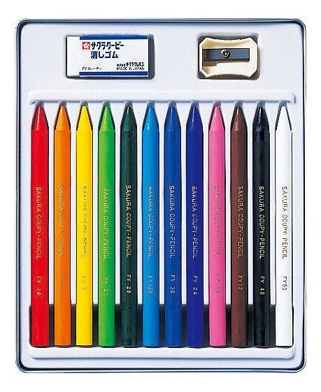 Set of colored pencils in a metal case with a sharpener and eraser.