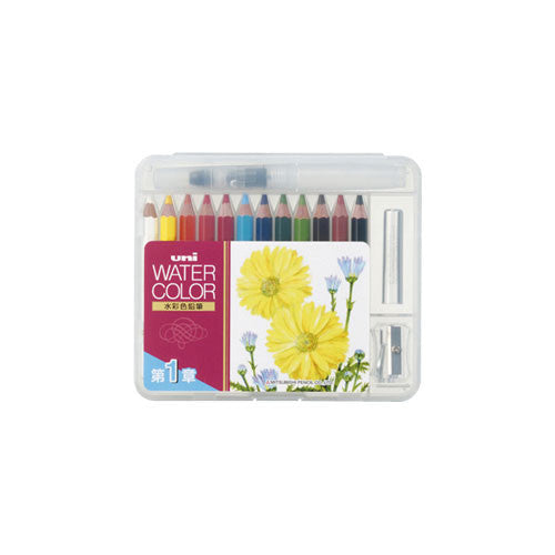 Set of watercolor pencils with a clear case on a white background