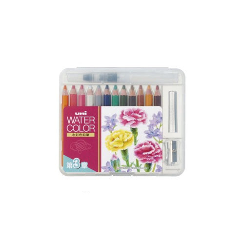 Set of watercolor pencils in a transparent case with a colorful label on a white background