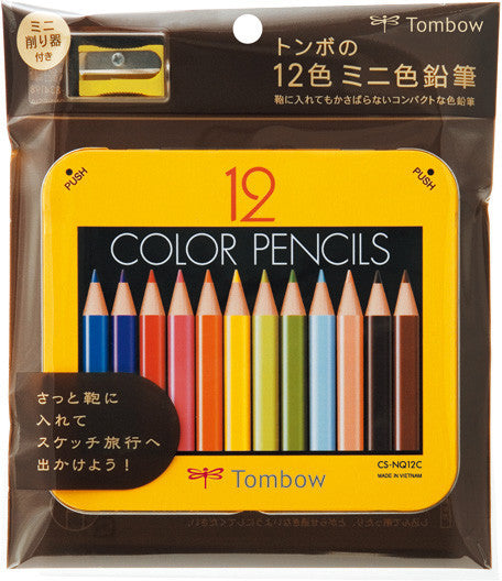 Packaging of Tombow 12-color color pencils with a sharpener on a white background