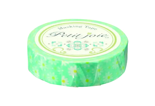 Roll of green floral masking tape with 'Petit joie' branding on a white background