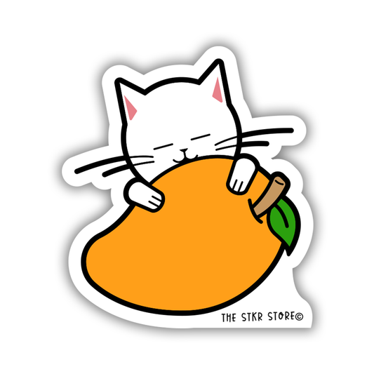 Golden Mango Embrace - Cat Playing Fruits Sticker