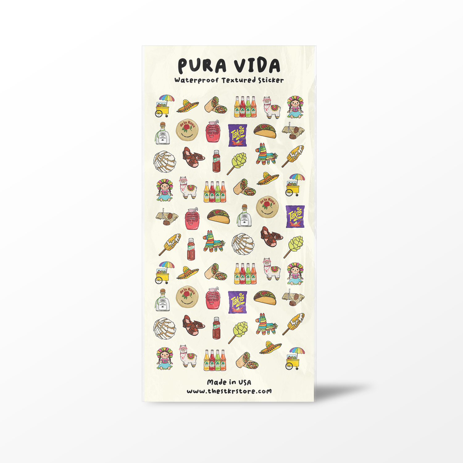 Pura Vida waterproof textured sticker sheet with various illustrations on a white background