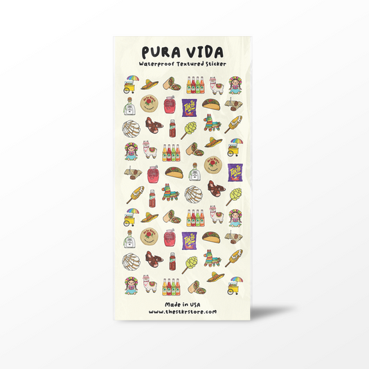Pura Vida waterproof textured sticker sheet with various illustrations on a white background
