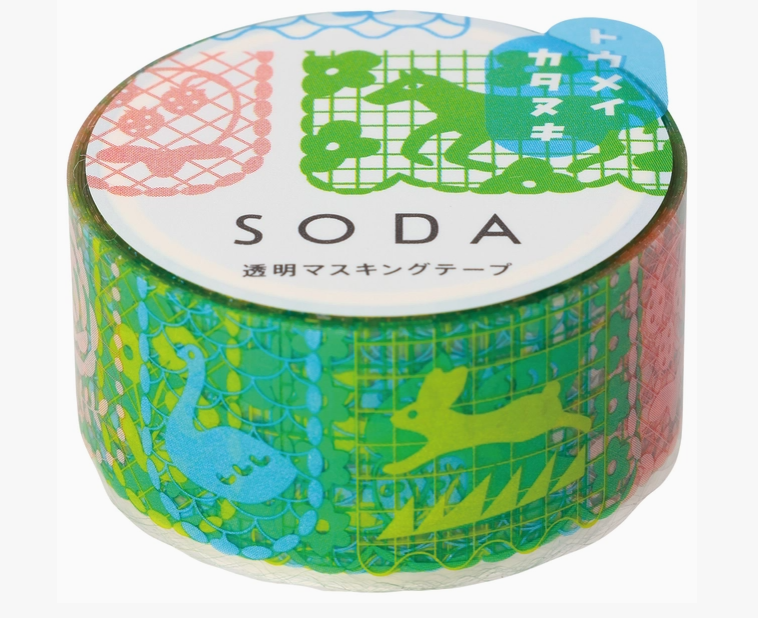 Roll of colorful masking tape with animal designs and 'SODA' branding.