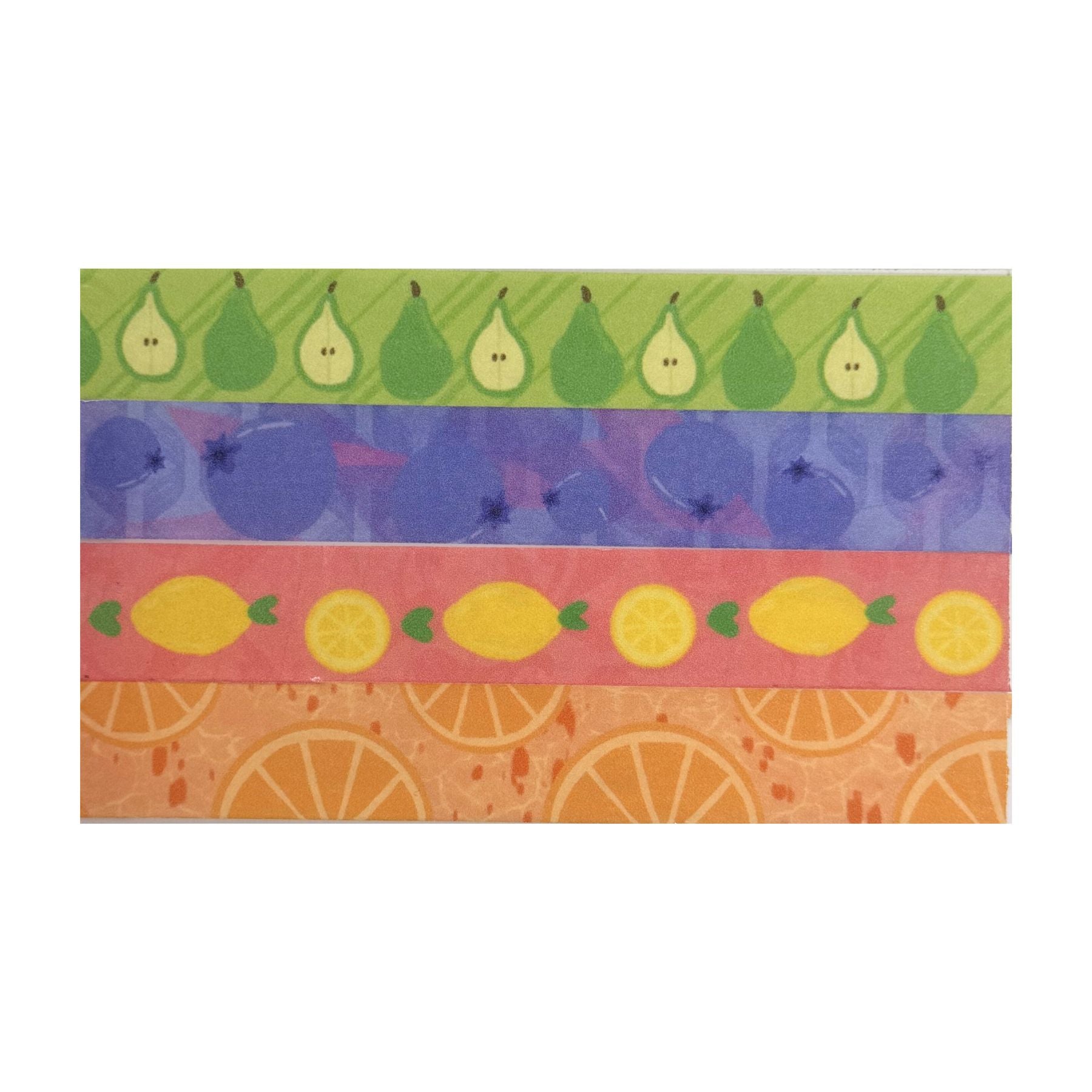Colorful patterned paper with fruit designs on a white background