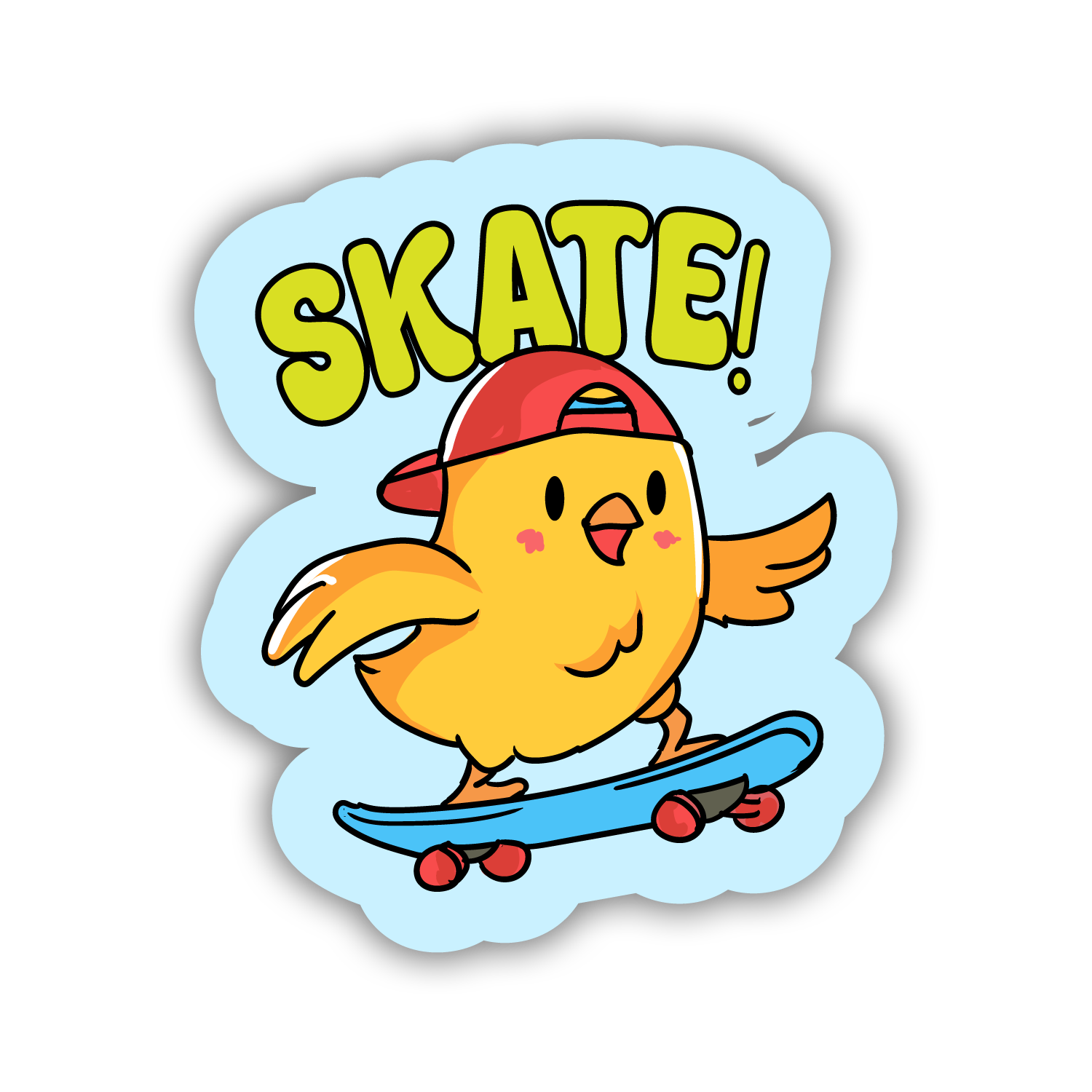 Cartoon chicken on a skateboard with 'SKATE!' text on a light blue background