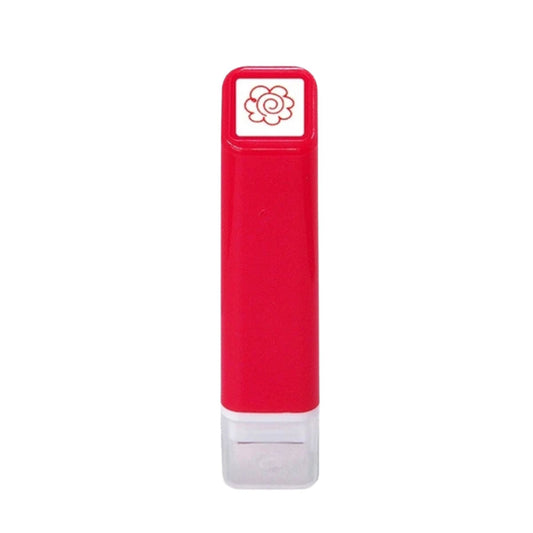 Red and white stamp with a flower logo on a white background