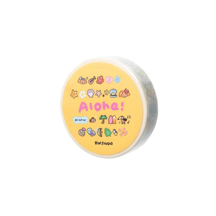Round yellow container with 'Aloha!' text and emojis on a white background