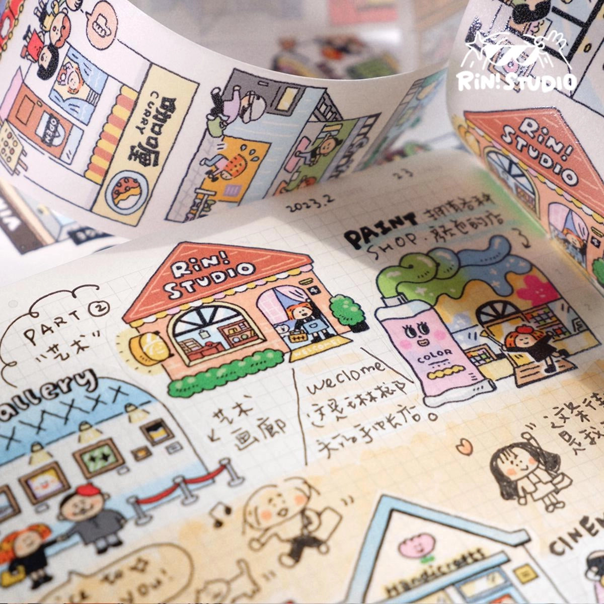 Illustrated stickers with various scenes and text, featuring 'Rin Studio' branding.