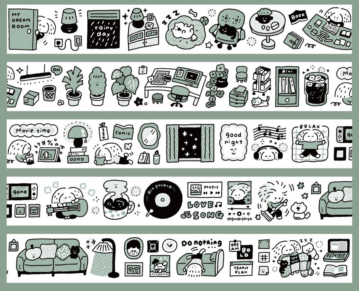 Set of black and white illustrated room decor elements on a green background