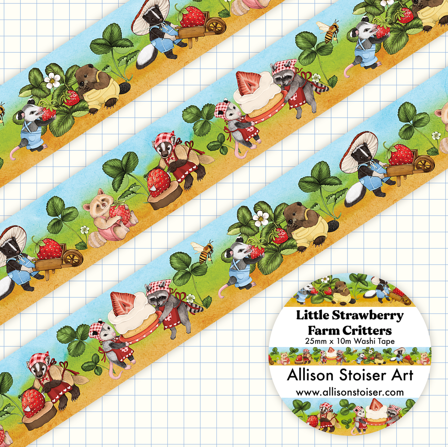 Three strips of decorative tape with farm-themed illustrations on a grid background, featuring animals and plants.