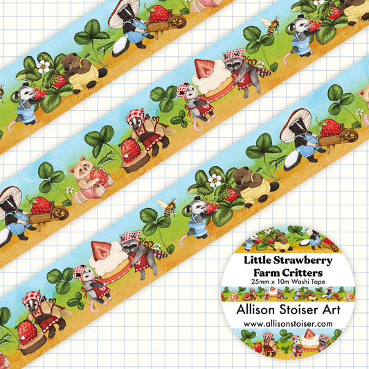 Three strips of decorative tape with farm-themed illustrations on a grid background, featuring animals and plants.
