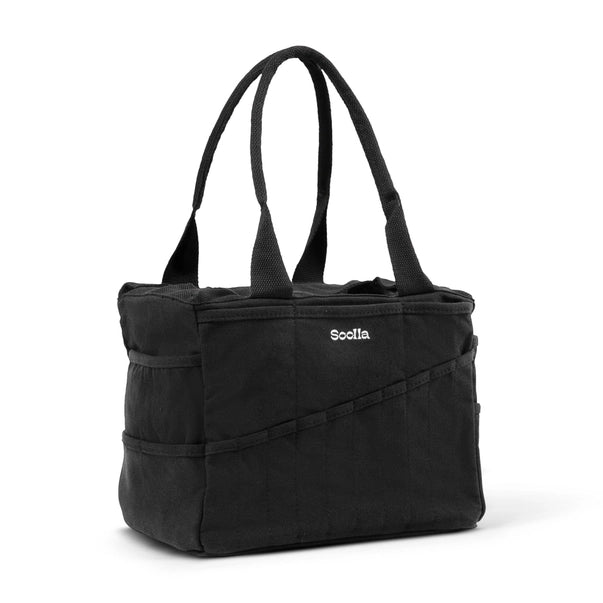 Black tote bag with 'Scolla' branding on a white background