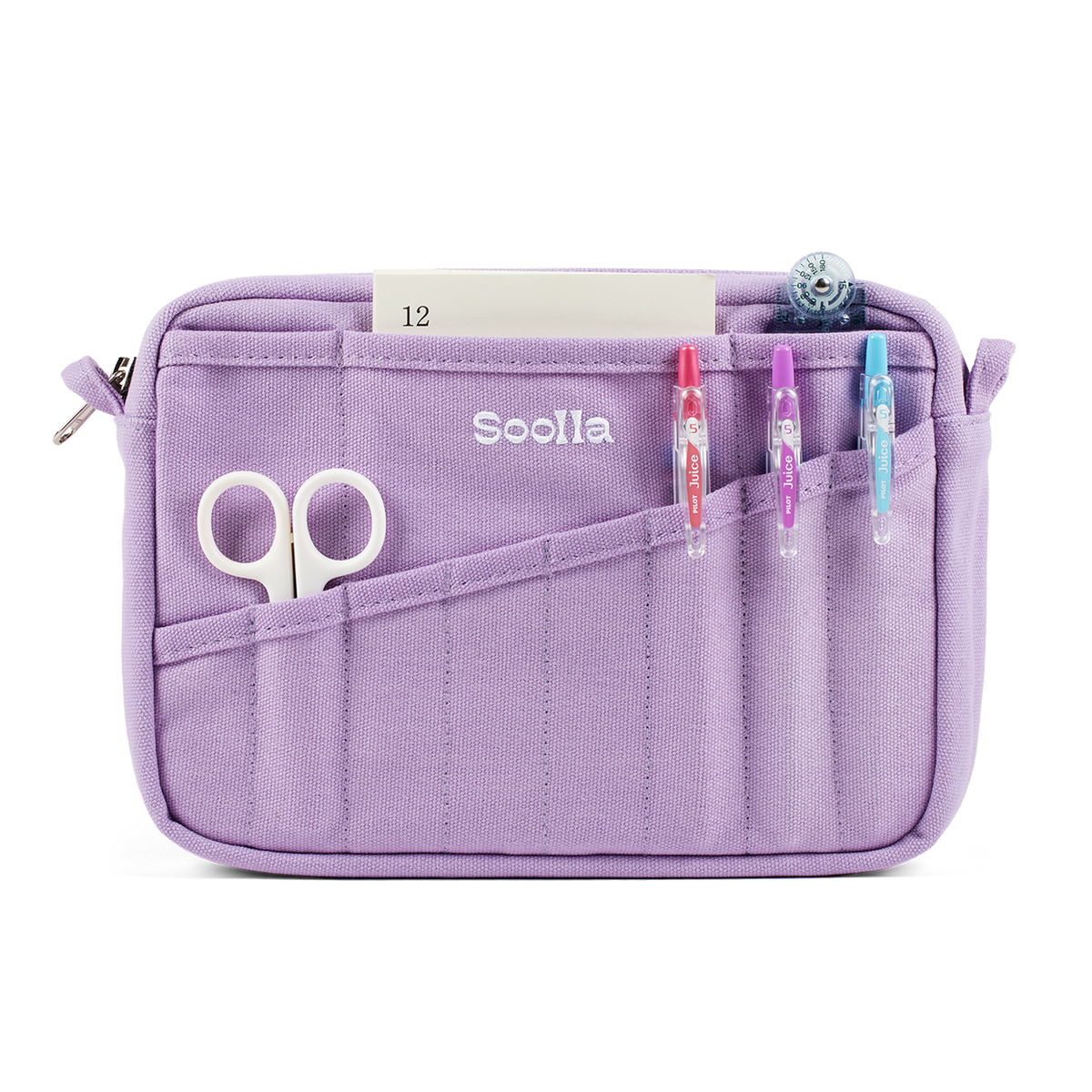 Purple organizer pouch with compartments for stationery items on a white background